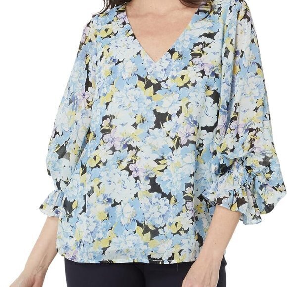 Vince‎ Camuto blouse top women M blue floral balloon sleeves chiffon lined NWT - Picture 1 of 10
